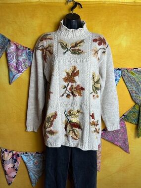 Cream Floral Cable-Knit Turtleneck Sweater
